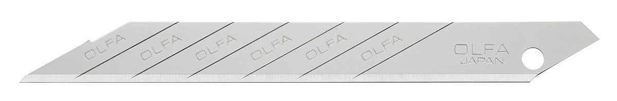 OLFA 9 мм, 10 шт, в пластиковом кейсе + блистер, угол наклона сегмента 30°, сегментированные лезвия (OL-SAB-10B)