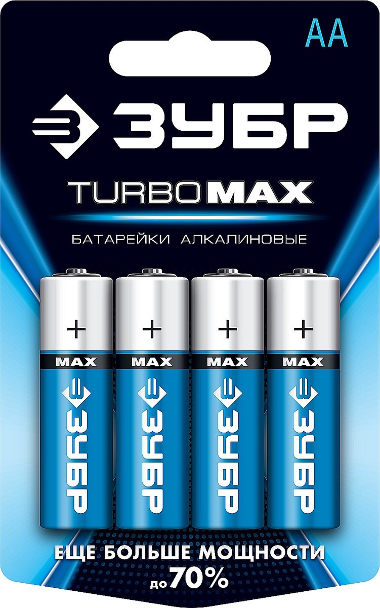 ЗУБР TURBO-MAX, АА х 4, 1.5 В, алкалиновая батарейка (59206-4C)