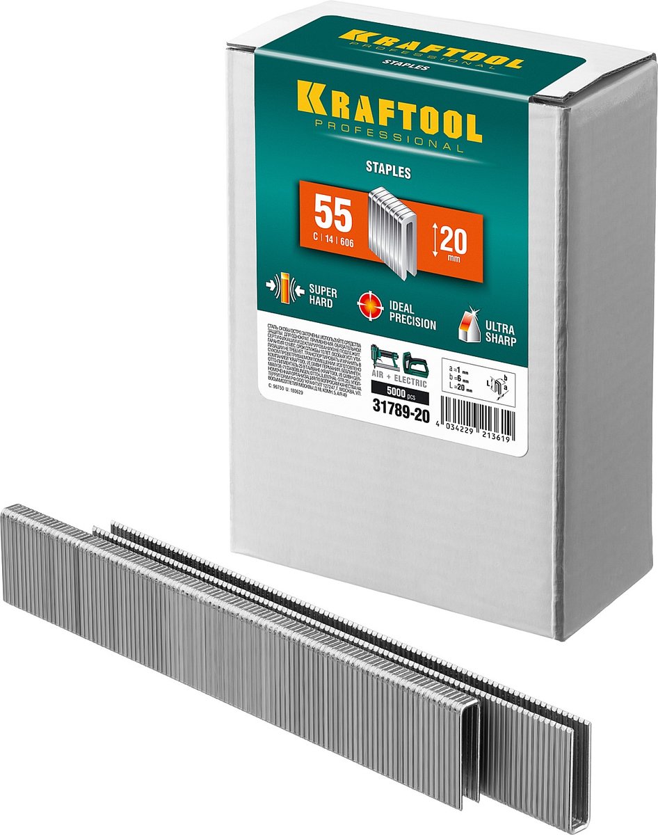 KRAFTOOL скобы тип 55 (90/C), 20 мм, калибр 18GA. 5000 шт (31789-20)