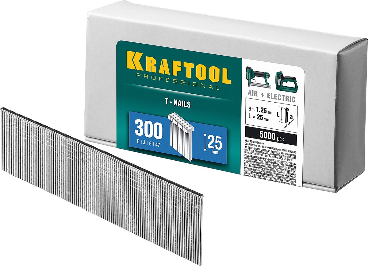 KRAFTOOL гвозди тип 300 (47/J/ F), 25 мм, калибр 18GA. 5000 шт (31785-25)