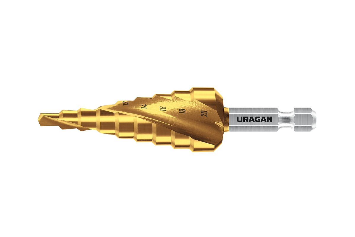 URAGAN 4-20мм, 9 ступеней, винтовая спираль, сверло ступенчатое(29658-4-20-9)
