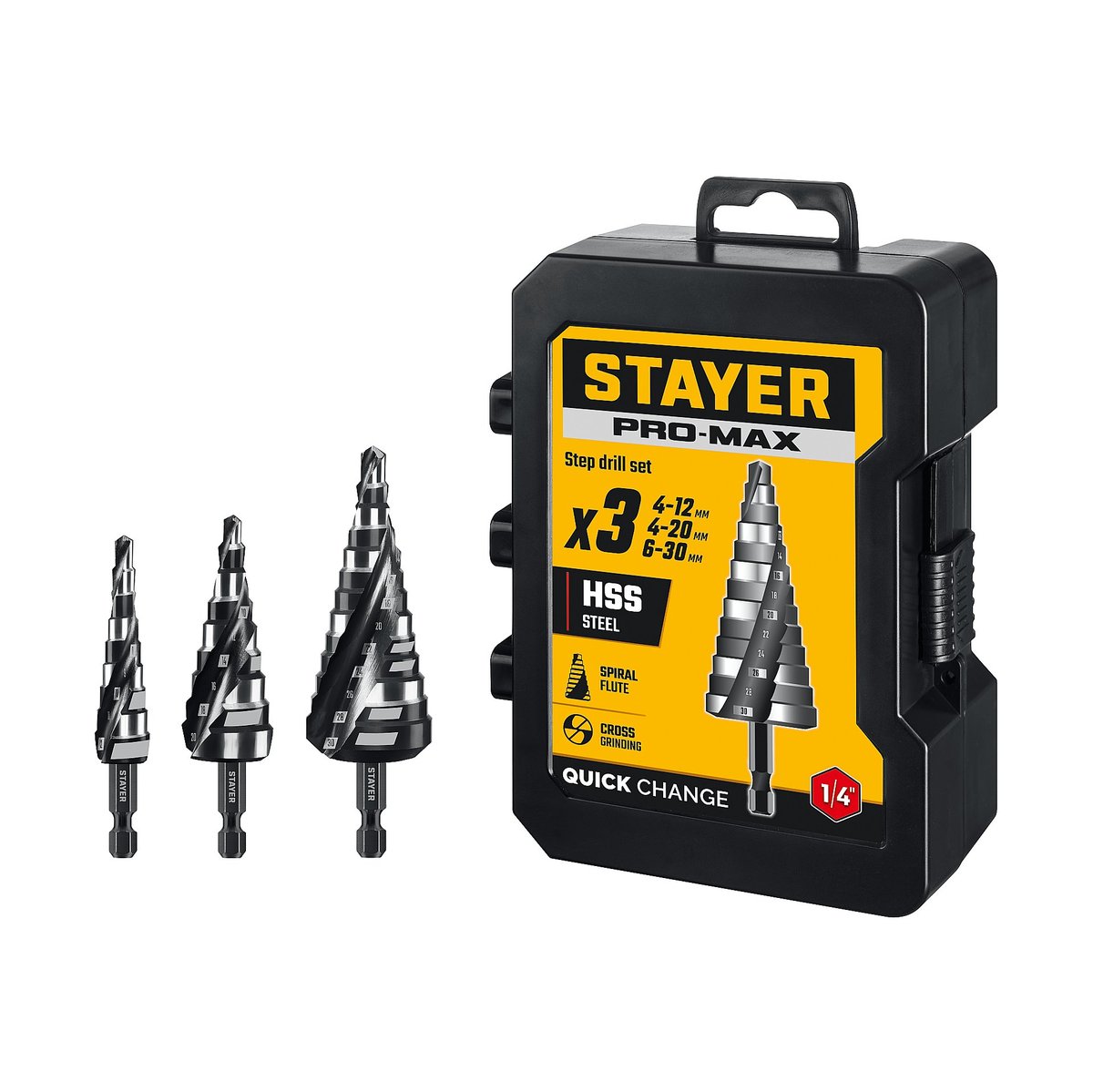 STAYER Pro-Max 3 шт, 4-30мм, винтовая спираль, набор сверл ступенчатых (29661-4-30-H3)