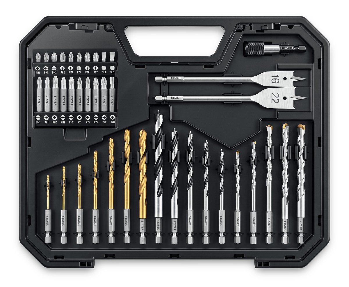 STAYER Unix-40 IMPACT READY, универсальный набор свёрл, HEX 1/4″, 40 предметов (29720-H40)