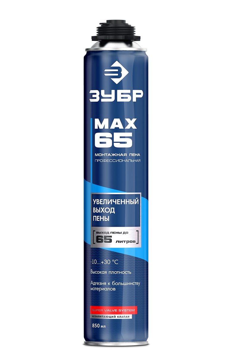 ЗУБР MAX 65, 850 мл, пистолетная, всесезонная, SVS, с увеличенным выходом до 65 л, профессиональная, монтажная пена (41147)