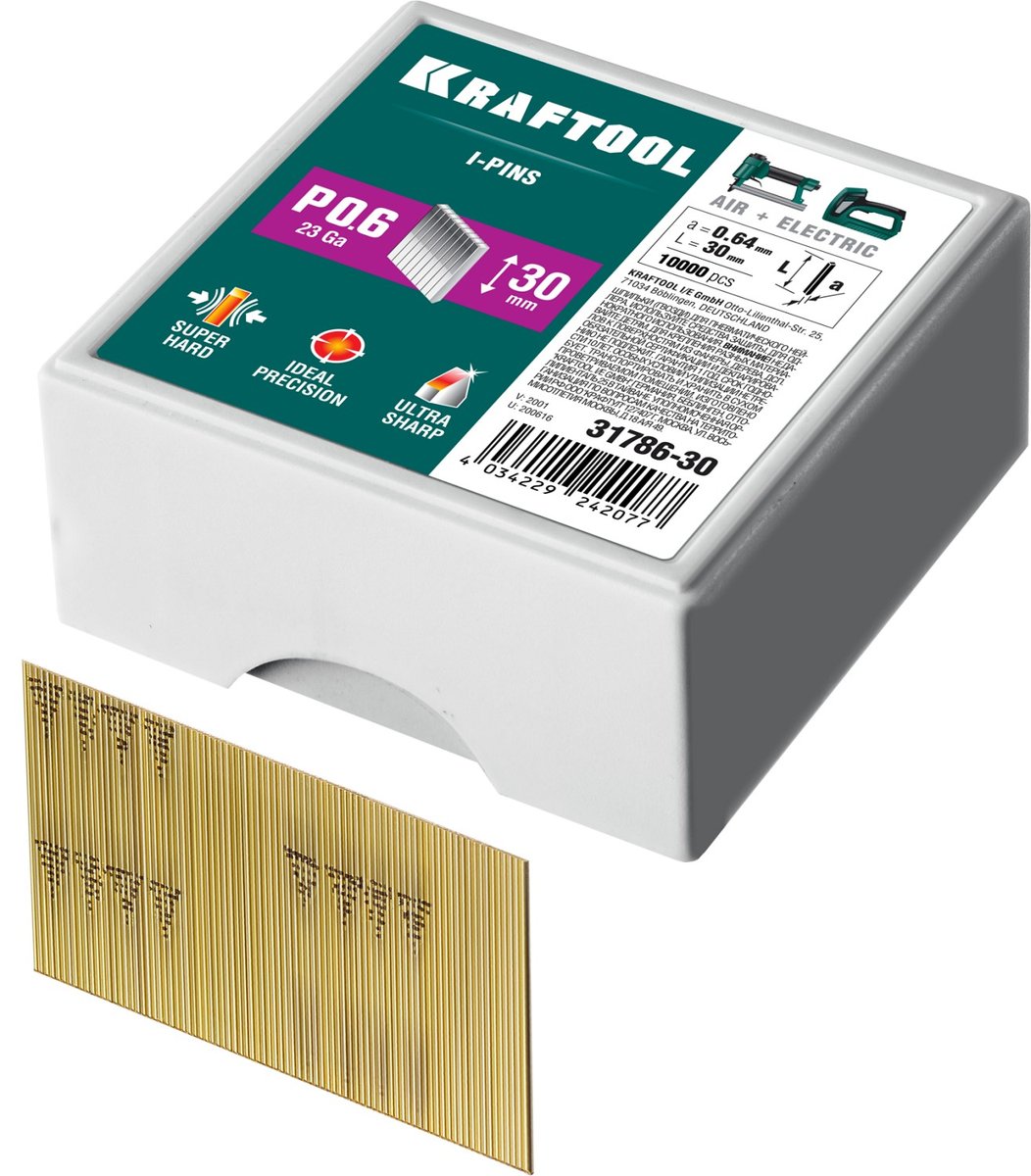 KRAFTOOL шпильки тип P0.6, 30 мм, калибр 23GA. 10 000 шт (31786-30)